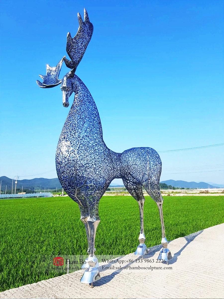 Large outdoor stainless steel deer sculpture