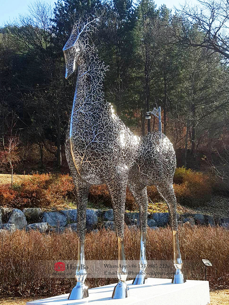 Large outdoor stainless steel deer sculpture