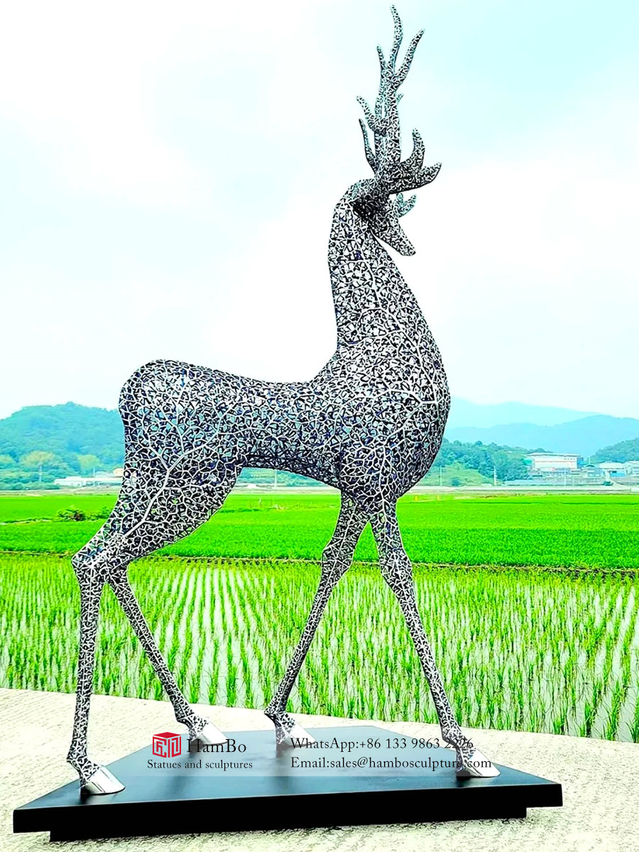 Large outdoor stainless steel deer sculpture