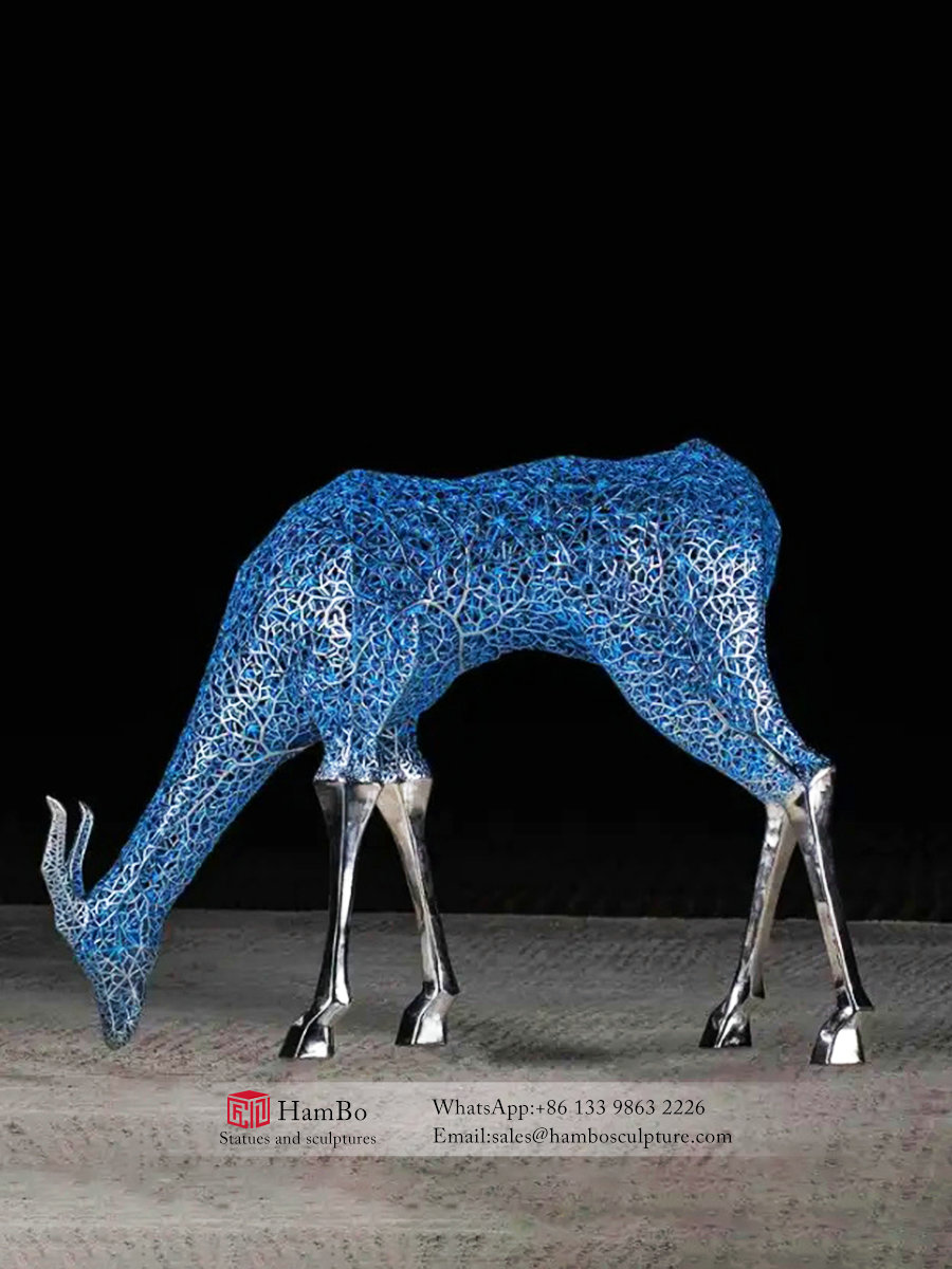 Large outdoor stainless steel deer sculpture