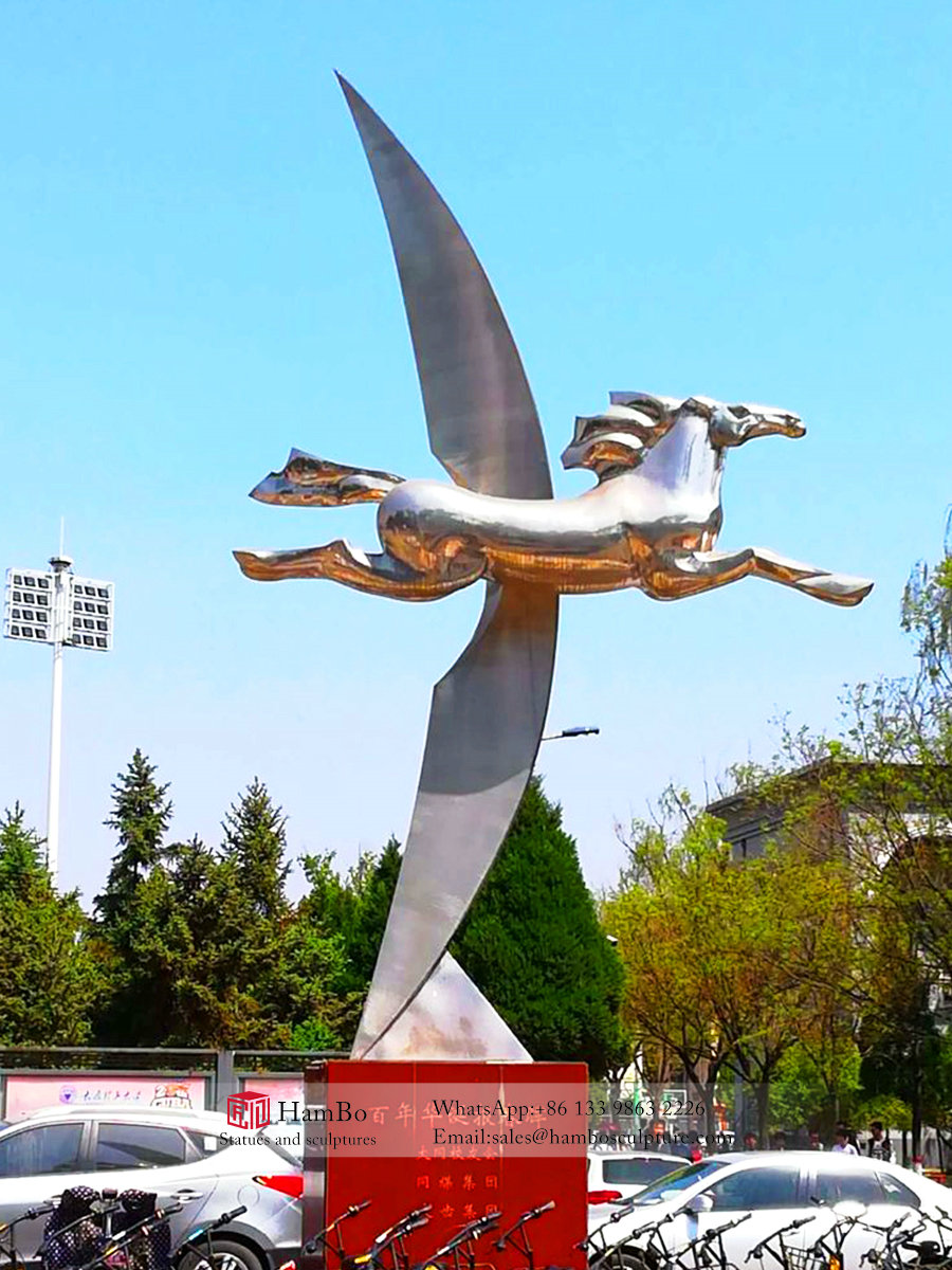 Large stainless steel flying horse sculpture custom