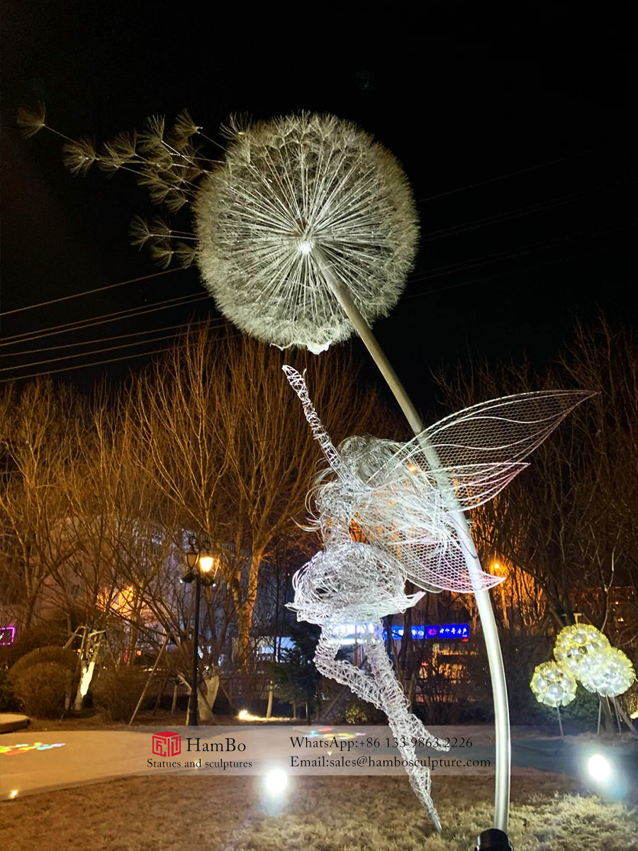Outdoor stainless steel dandelion sculpture