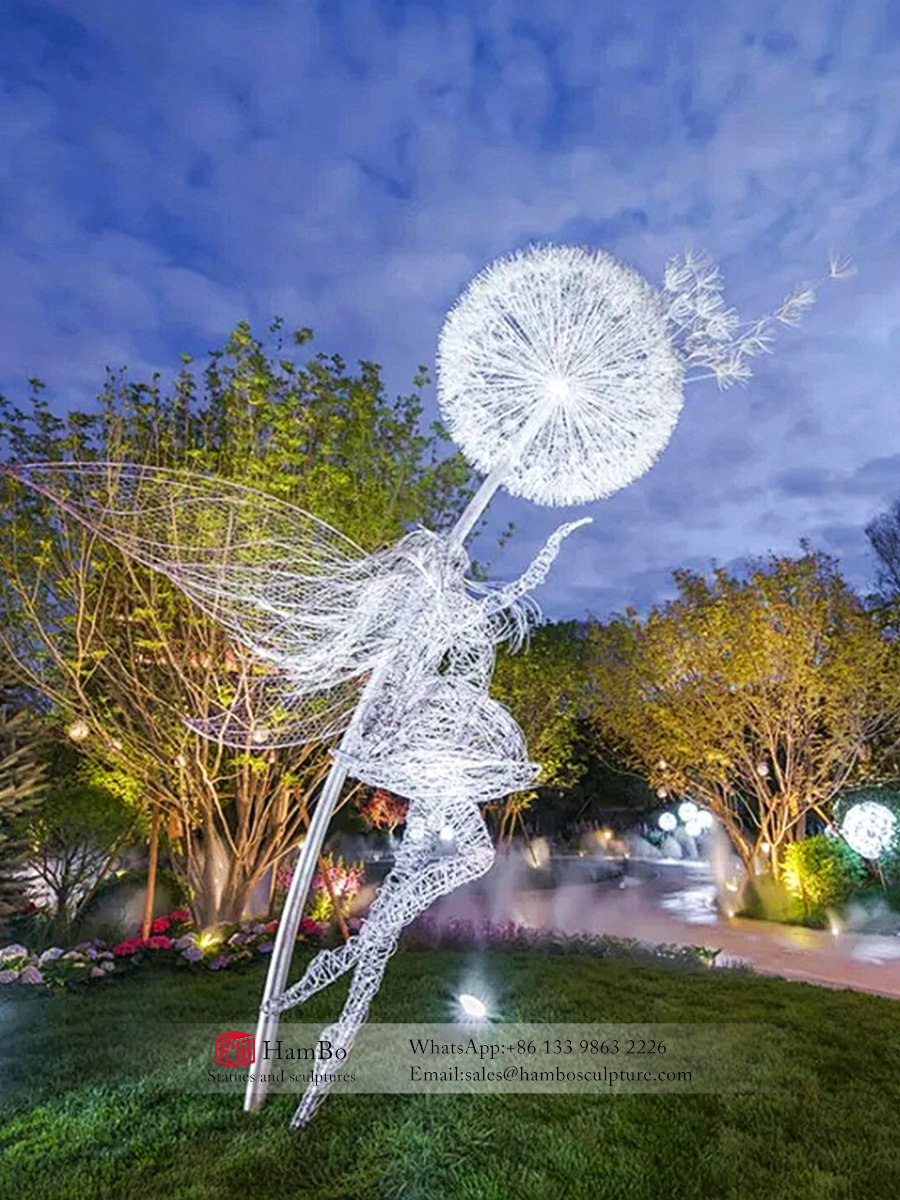 Outdoor stainless steel dandelion sculpture