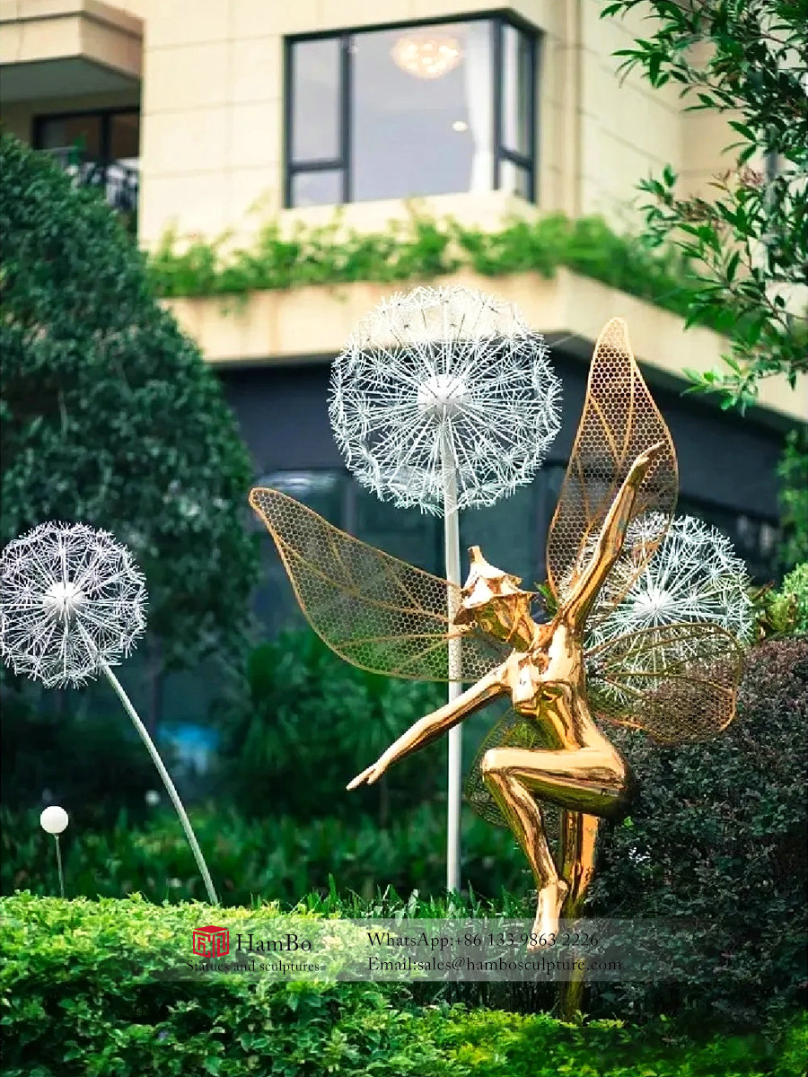 Outdoor stainless steel dandelion sculpture