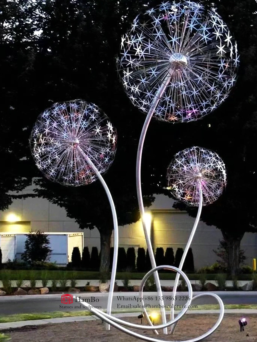 Outdoor stainless steel dandelion sculpture